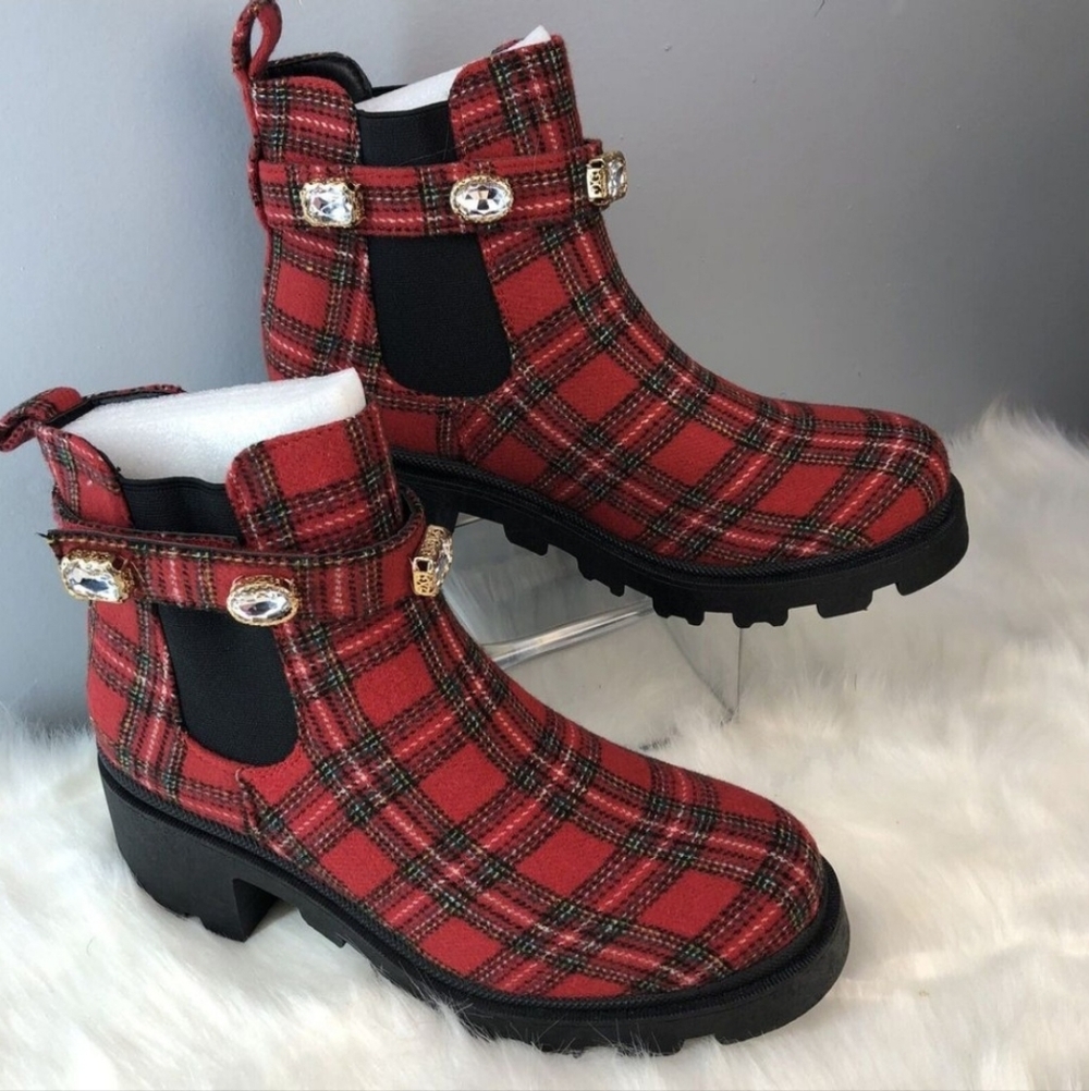 Plaid Red Ankle Boots
